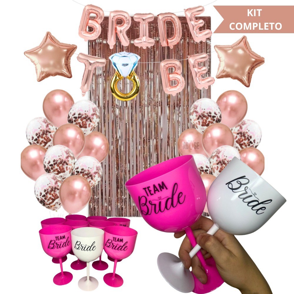 Kit Despedida de Solteira Copos 11 Taças Personalizada + Balão Bride To Be + 22 Balões Rose + Cortina Metalizada Chá