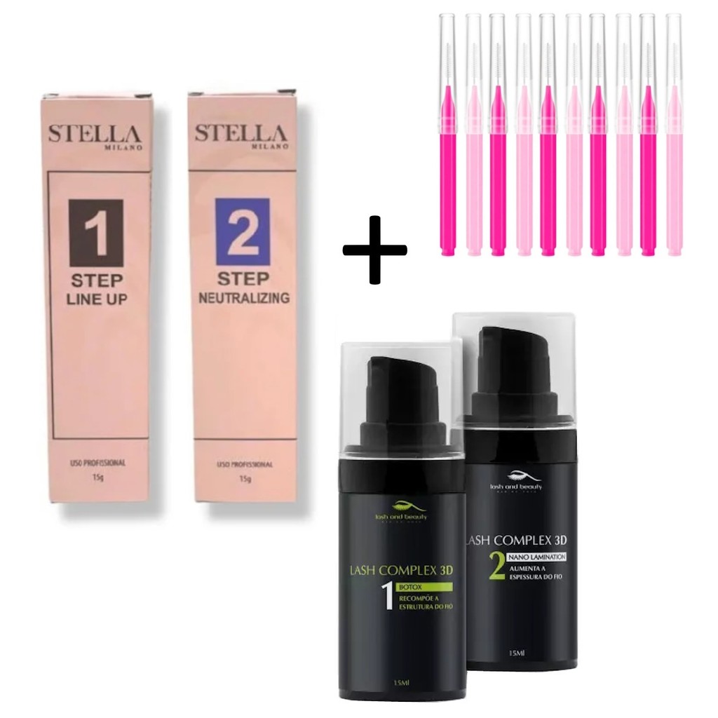 Kit Brow Lamination Stella Milano Passo 1 e 2 + Lash Complex 3D e Escovinha Interdental