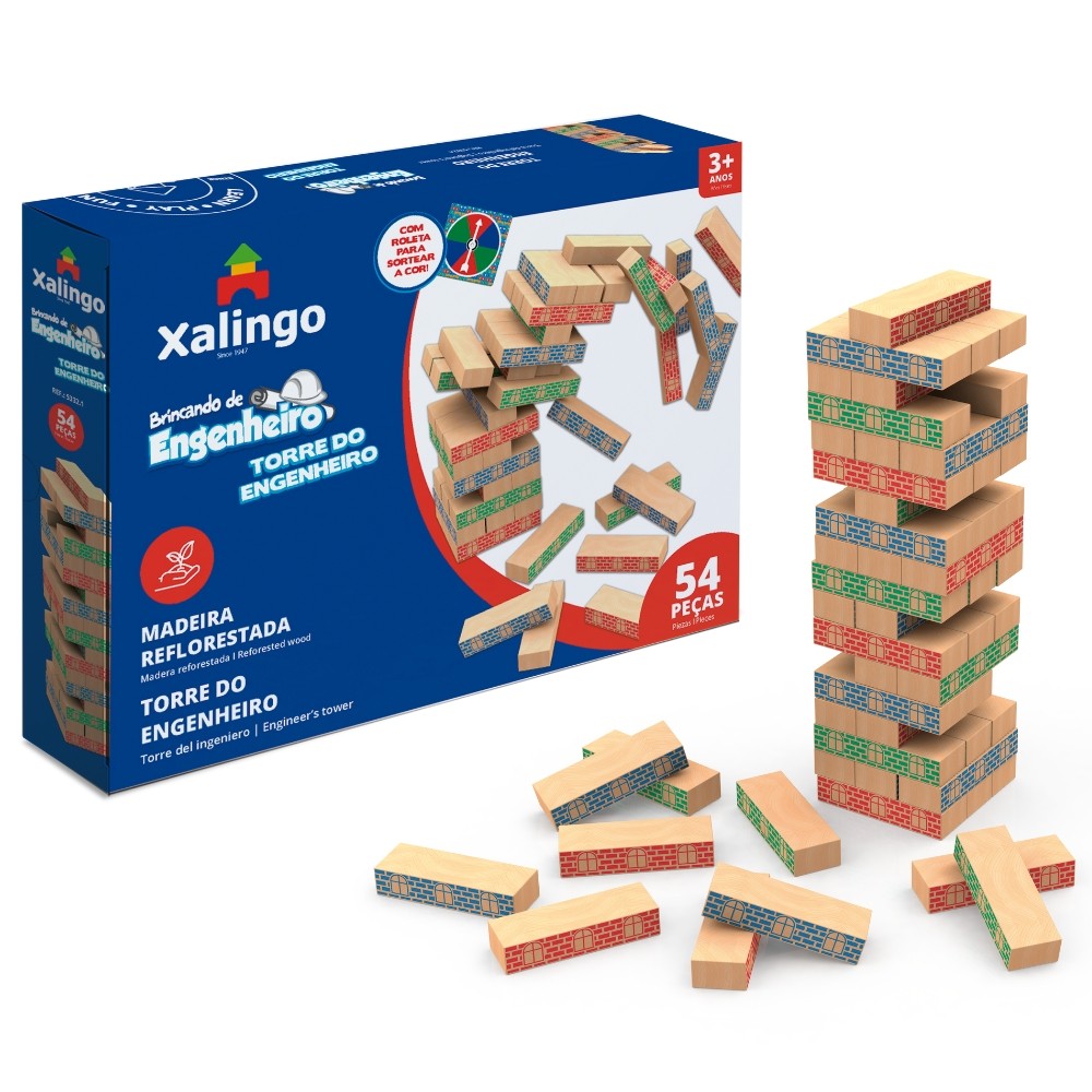 JOGO BRINCANDO DE ENGENHEIRO BLOCOS DE MONTAR TORRE 54 PEÇAS XALINGO MADEIRA REFLORESTADA CONSTRUÇÃO