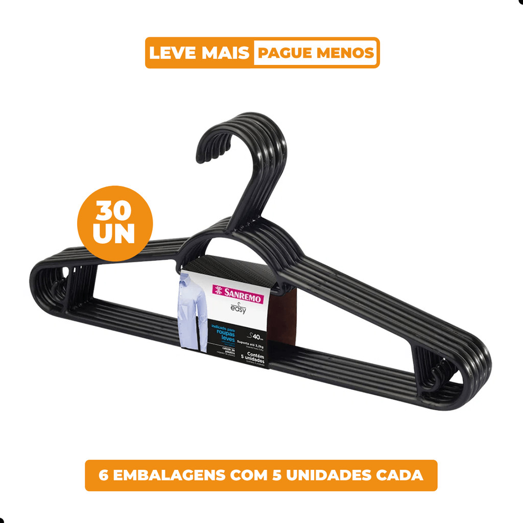 Kit Cabide Plástico Adulto 40cm Preto Sanremo 30 Unidades - Home & Living