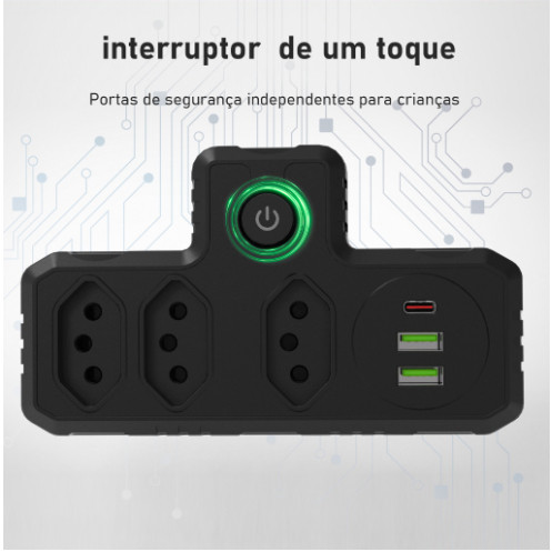 Conector De Extensão Portátil Universal Plug Carregador Rápido  3 Tomadas + 2 USB + 1 PD Bivolt Conversor De Tomada em Oferta na Shopee
