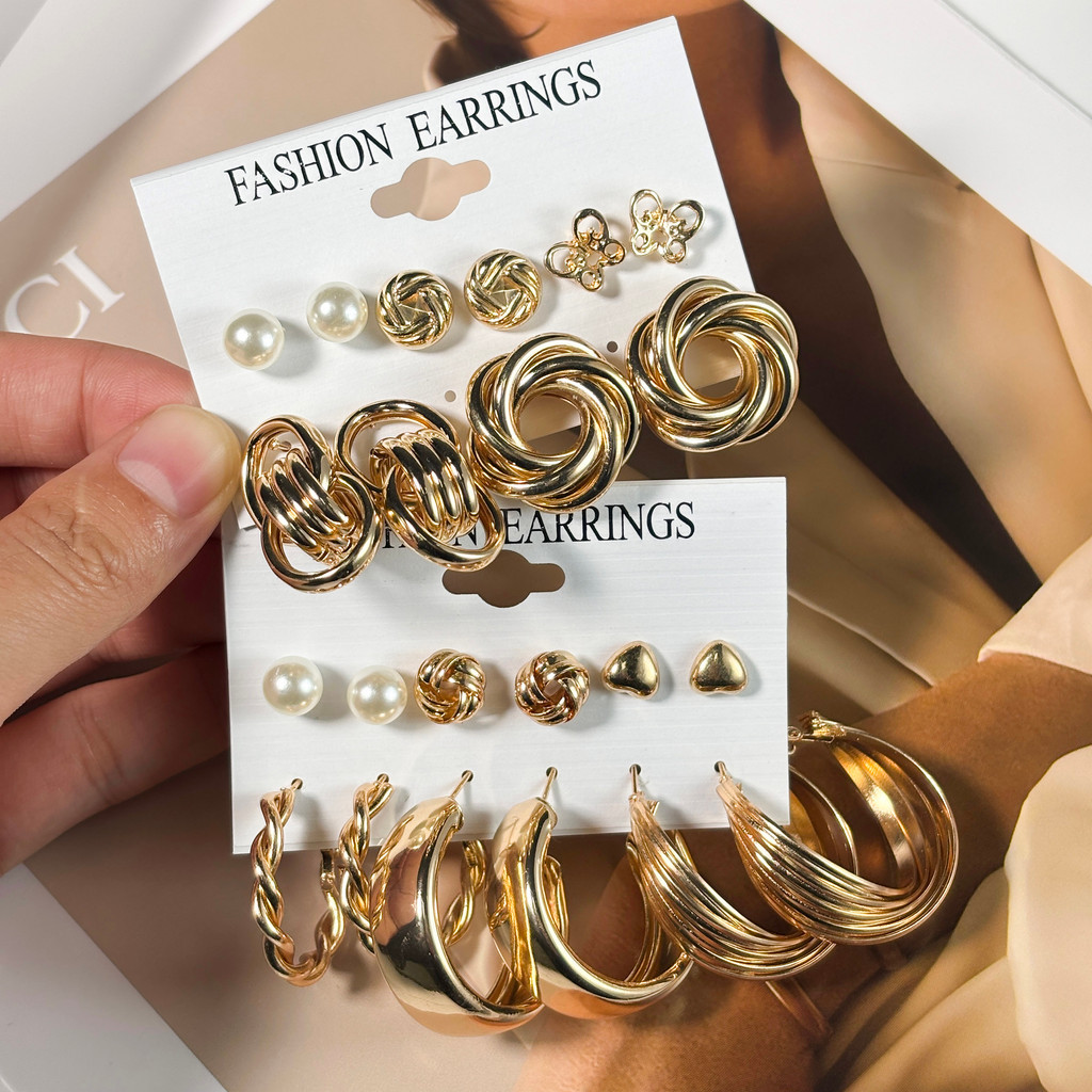 Conjunto de brincos femininos de metal, 10 pares, brincos criativos e de personalidade, brincos grandes e circulares