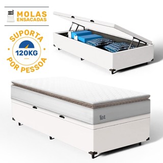 Cama Box Baú com Colchão de Molas Ensacadas Pillow Top Neve Solteiro 88cm em Oferta na Shopee