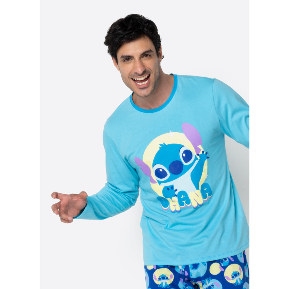 Pijama Masculino Adulto Inverno Puket Blusa Manga Longa e Calça Algodão 2 Peças Stitch Disney