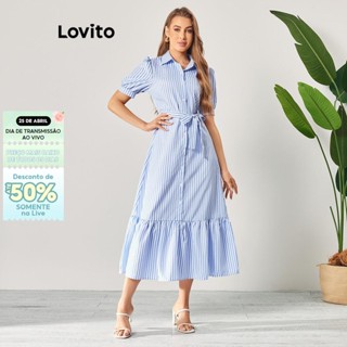 Lovito Vestido Casual Listrado com Babado e Cinto para Mulheres LBL06058 (Multicolorido)