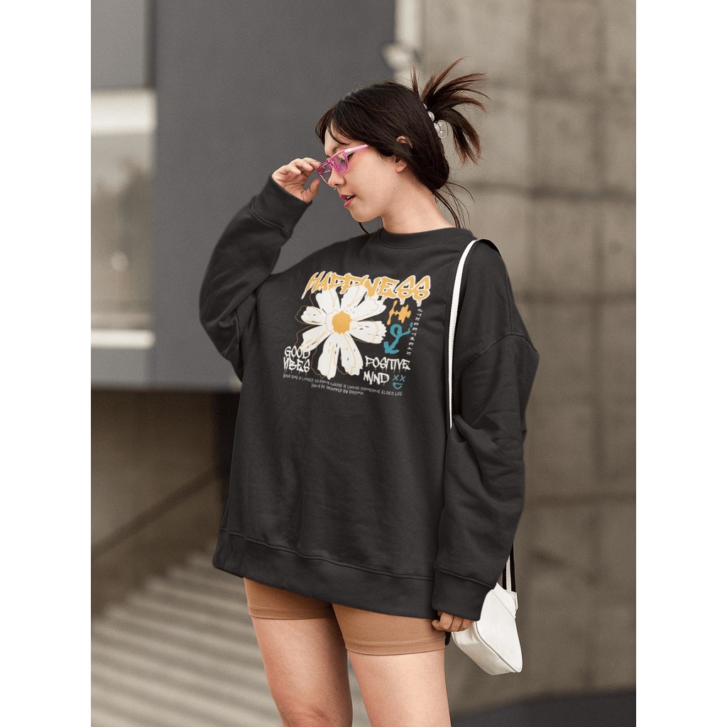 Moletom Blusa de Frio Básico Estiloso Feminino Estampado Gola Redonda Confortável 100% Algodão - Happiness Flower