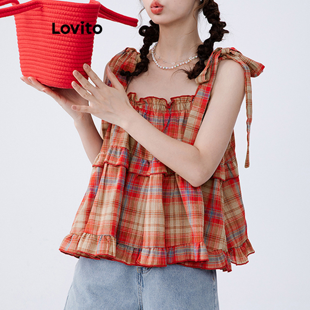 Lovito Regata Casual Xadrez Com Cadarço Para Mulheres LNE56115 em Oferta na Shopee