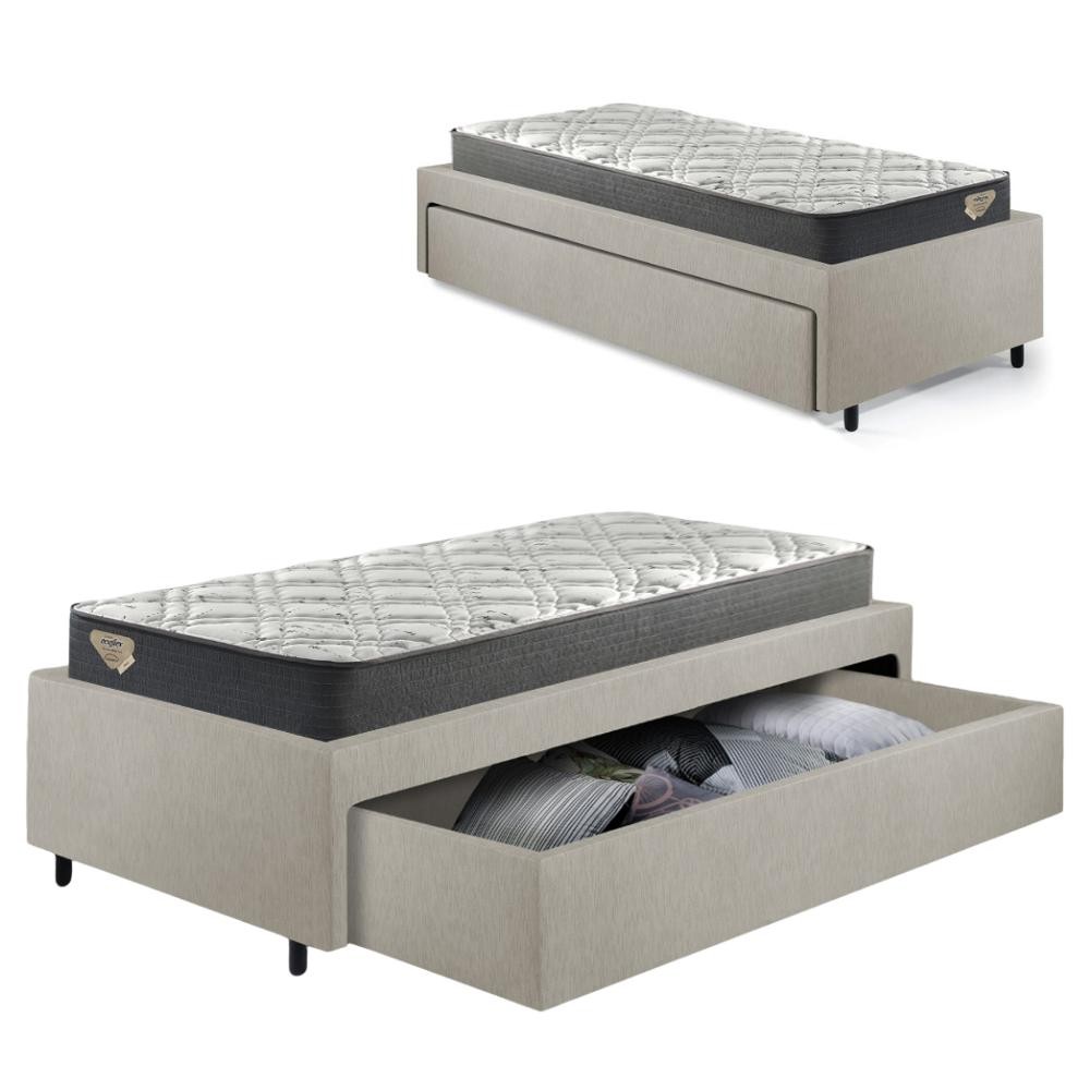 Cama Box Solteirão Sapateira Courino Linho Areia e Colchão Adapto Ecoflex 96x203