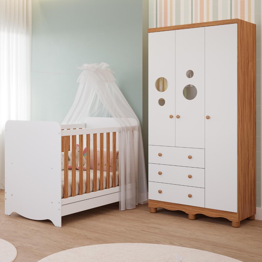 Quarto Bebê Completo Berço Americano Ben 3 em 1 Guarda Roupas 3 Portas 3 Gavetas Bolinha 100% MDF em Oferta na Shopee