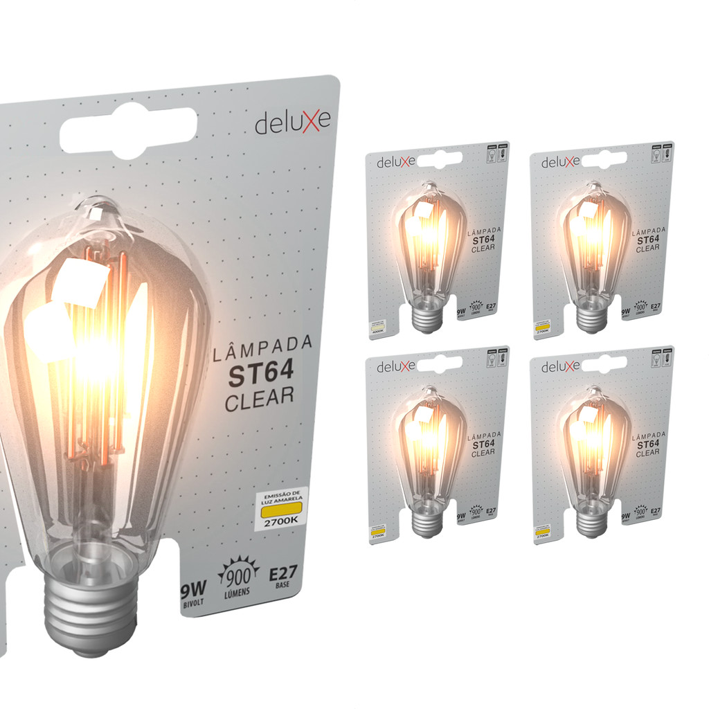 Kit 5 Lâmpadas de Led ST64 Filamento Retro Vintage Clear 9w 2700K E27 Deluxe Bivolt Luz Branco Quente em Oferta na Shopee