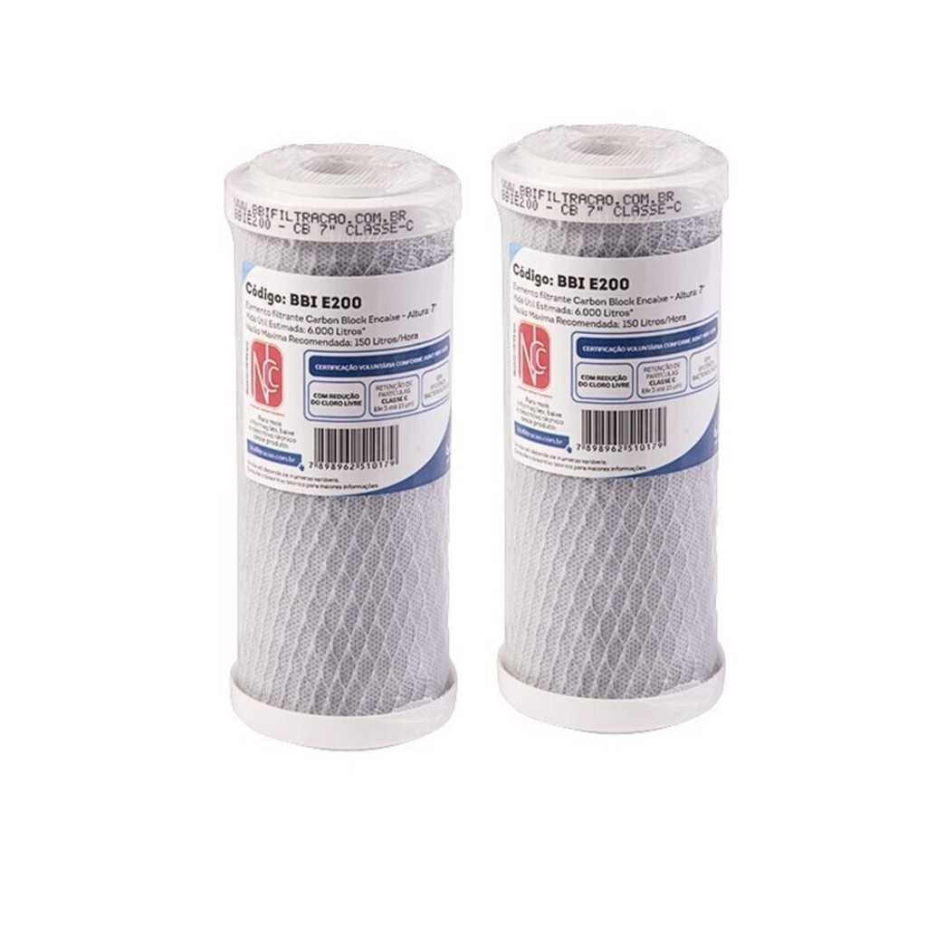 Kit 02 UN Refil BBI E200 7" Encaixe Carbon Block Compativel Fortlev Hidrofiltros Acquabios Equation