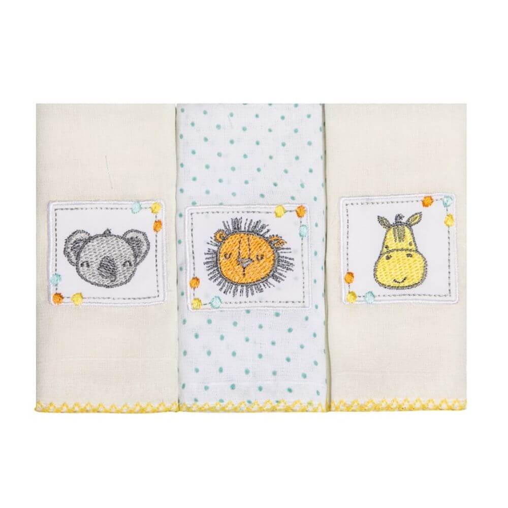Kit Pano De Boca Papi Bordados Karinho Cores Amiguinhos - 03 Peças