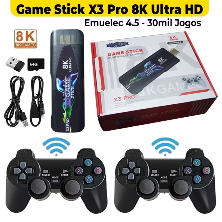 X3 Pro Ultra Hd 8K 64GB +2 Controles Sem Fio +30mil Jogos Retrô Clássicos Emuelec 4.5 em Oferta na Shopee