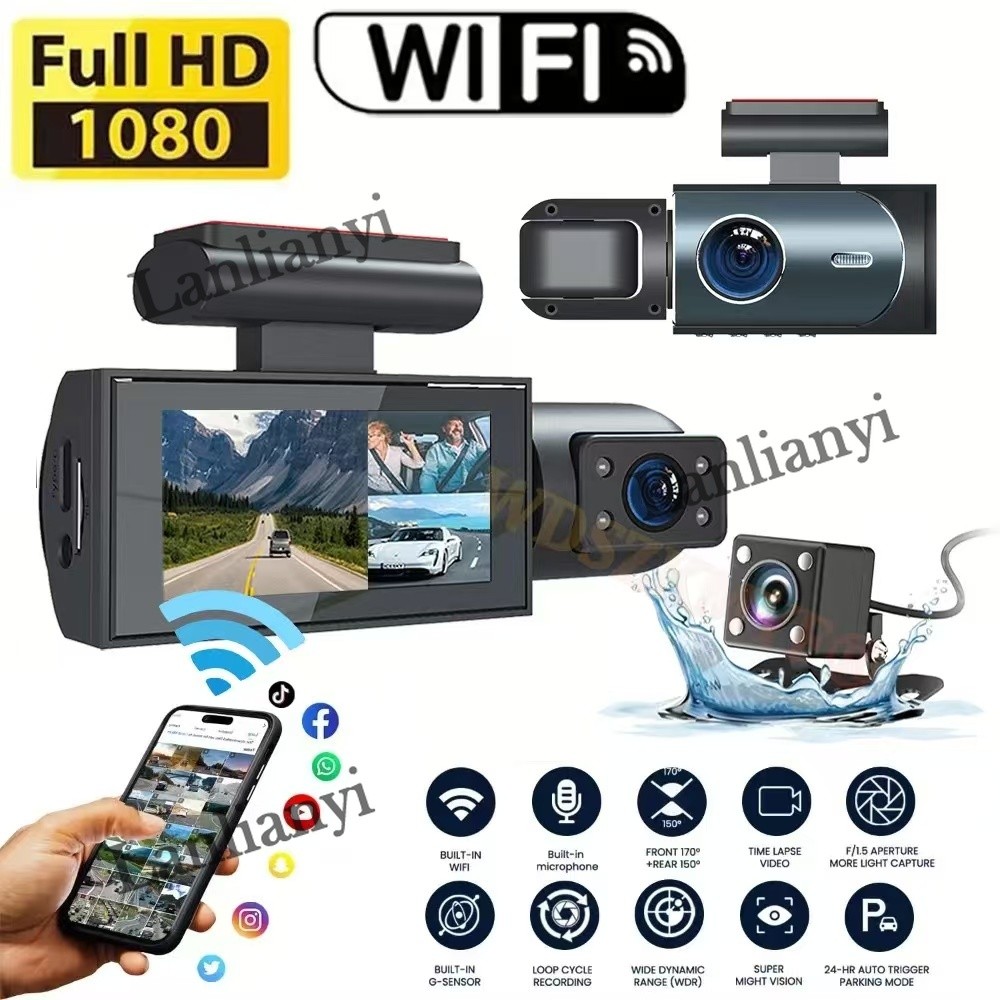 CLEC Cartão De Memória De 32 Gb Grátis , 3 Canais , 1080P , Dash Cam Para Carros , WIFI , Câmera De Carro