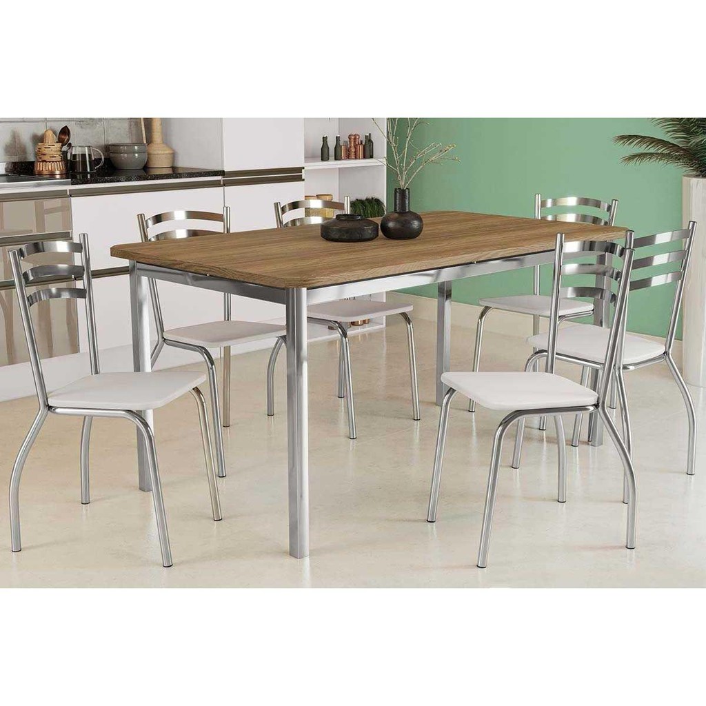 Mesa de Sala Jantar Reno c/ Tampo Madeira 160cm + 6 Cadeiras Portugal Cromada - Assento Branco 106 - Kappesberg em Oferta na Shopee
