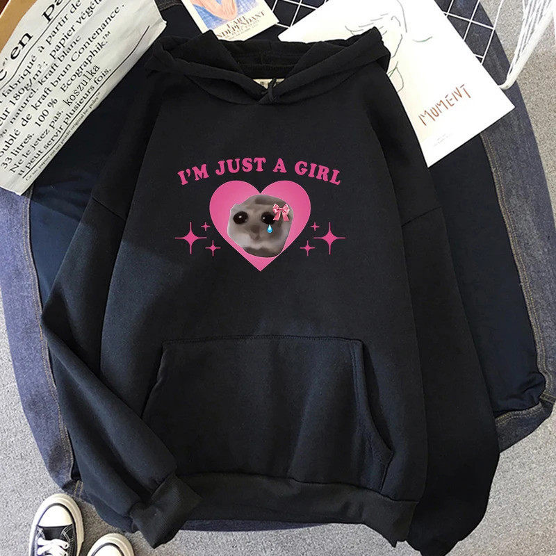 Moletom Canguru Sad Hamster Meme Im Just A Girl Hoodie Kawaii  Hoodies Harajuku Unisex Fleece Pullover Sweatshirt Winter