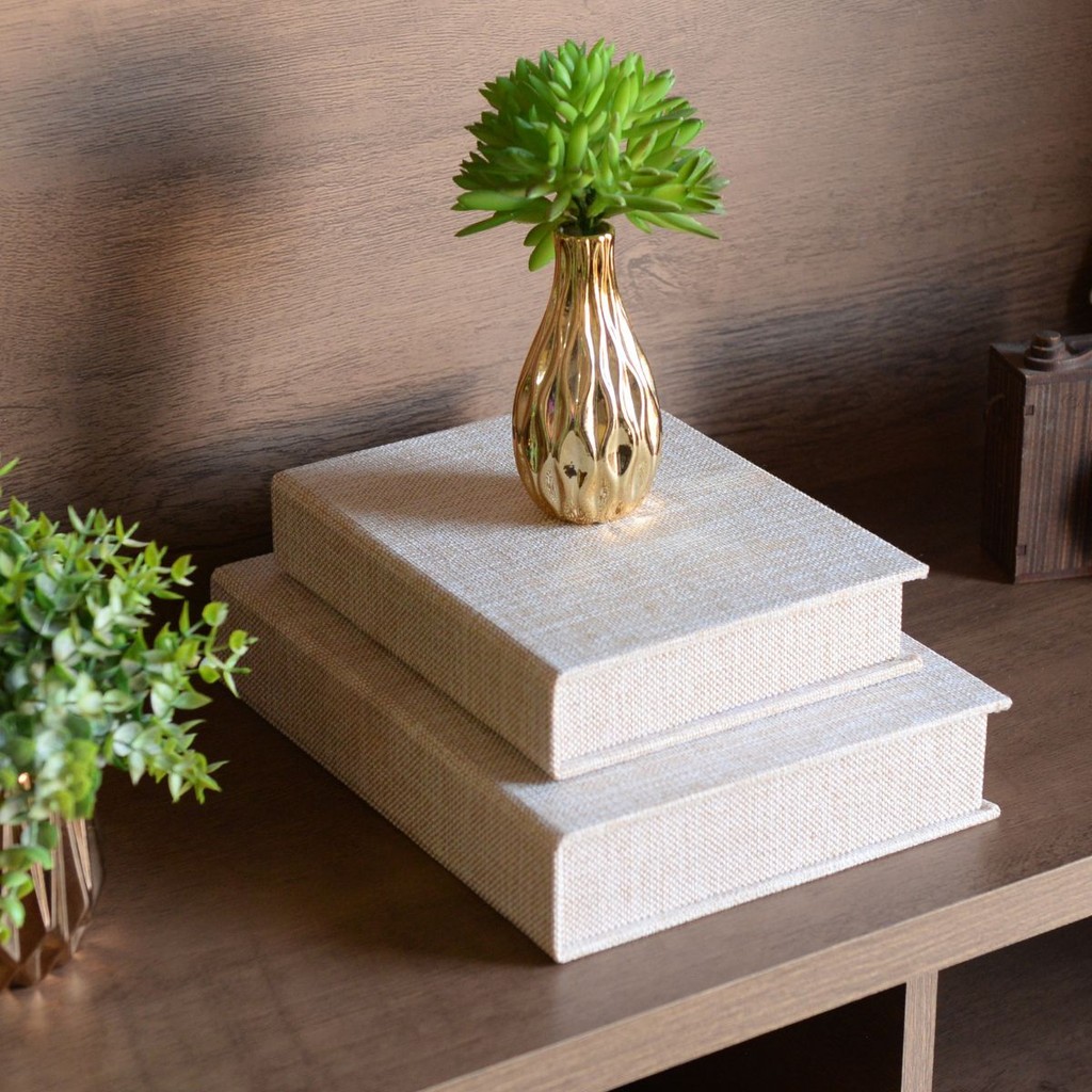 Kit 2 Caixa Livro Falso MDF TECIDO JUTA BEGE Decorativa Porta Objeto Elegante