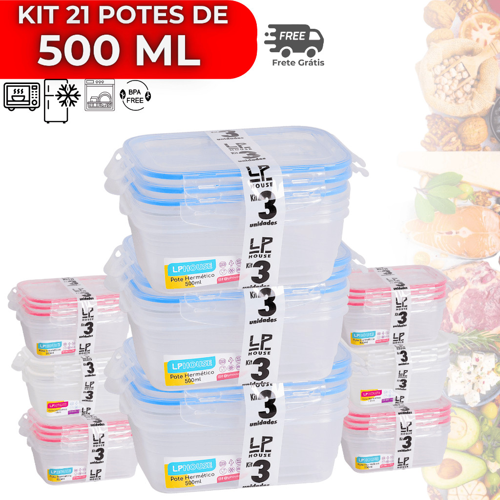 Kit 21 Potes 500ml Hermético Pote Com Tampa 4 Travas Alta Vedação Não Vaza Marmitas Fitness Saladas em Oferta na Shopee