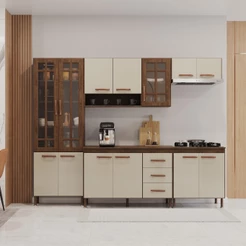 Cozinha Modulada Completa Fidelitá Lisboa 5 Peças 260cm 13 Portas 3 Gavetas Com Tampo Noce/Off-White