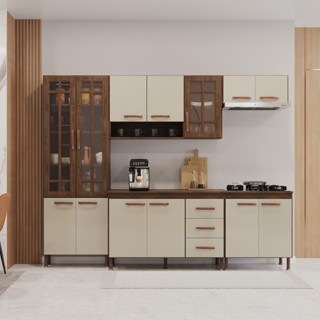 Cozinha Modulada Completa Fidelitá Lisboa 5 Peças 260cm 13 Portas 3 Gavetas Com Tampo Noce/Off-White em Oferta na Shopee