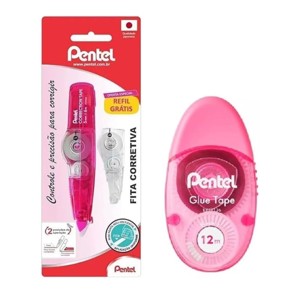 Cola em Fita Rosa Pentel e Corretivo em Fita