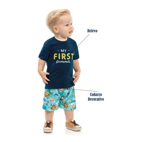 Conjunto Infantil Criança Menino Short+camiseta Meu 1º Verão