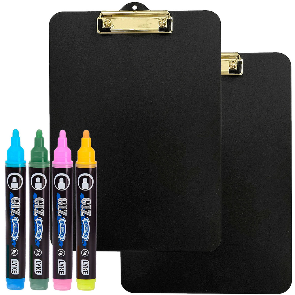 Kit 2 Prancheta Madeira A4 Preta Oficio Black Gold Prendedor De Metal + 4 Cores Giz Líquido Caneta