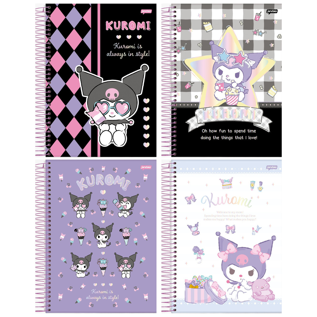 Kit Caderno Universitário 1 Matéria 80 Folhas Capa Dura Kuromi Com IA - Pacote 4 unidades sortidas