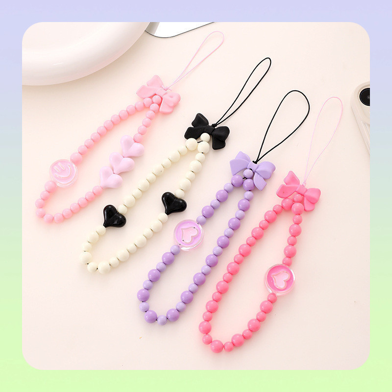 Cordão de telefone móvel de acrílico com laço e contas, pulseira de telefone, alça de charme para celular, charme de tel