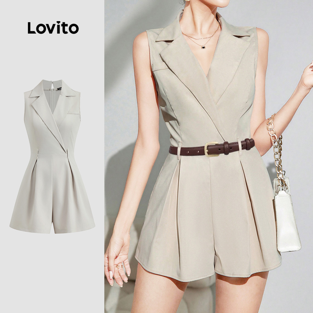 Lovito Macacão Elegante Liso Plissado Com Bolso Falso Clássico E Versátil Para Mulheres L129ED468 em Oferta na Shopee