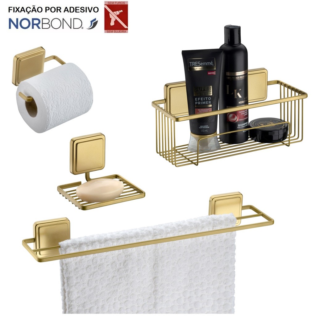 Kit Toalheiro Suporte Shampoo Saboneteira Porta Papel Higiênico Banheiro Adesivo Dupla Face Dourado Future