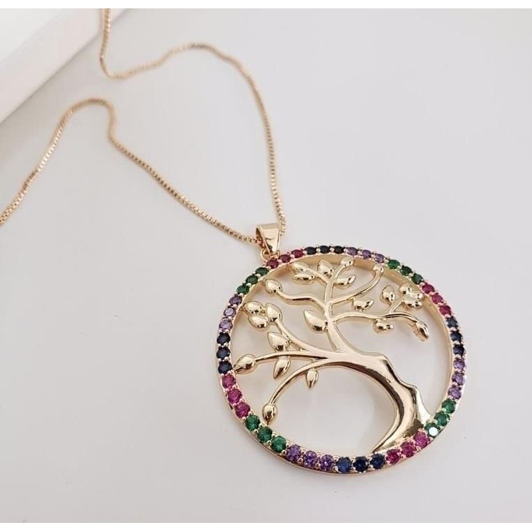 COLAR 50 CM ARVORE DA VIDA COM MOLDURA CRAVEJDA EM ZIRCÔNIA COLORIDAS