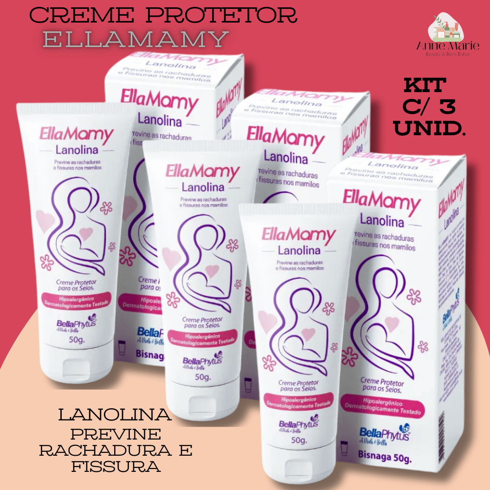 3 unid. EllaMamy LANOLINA Creme protetor para os Seios 50g cada BellaPhytus