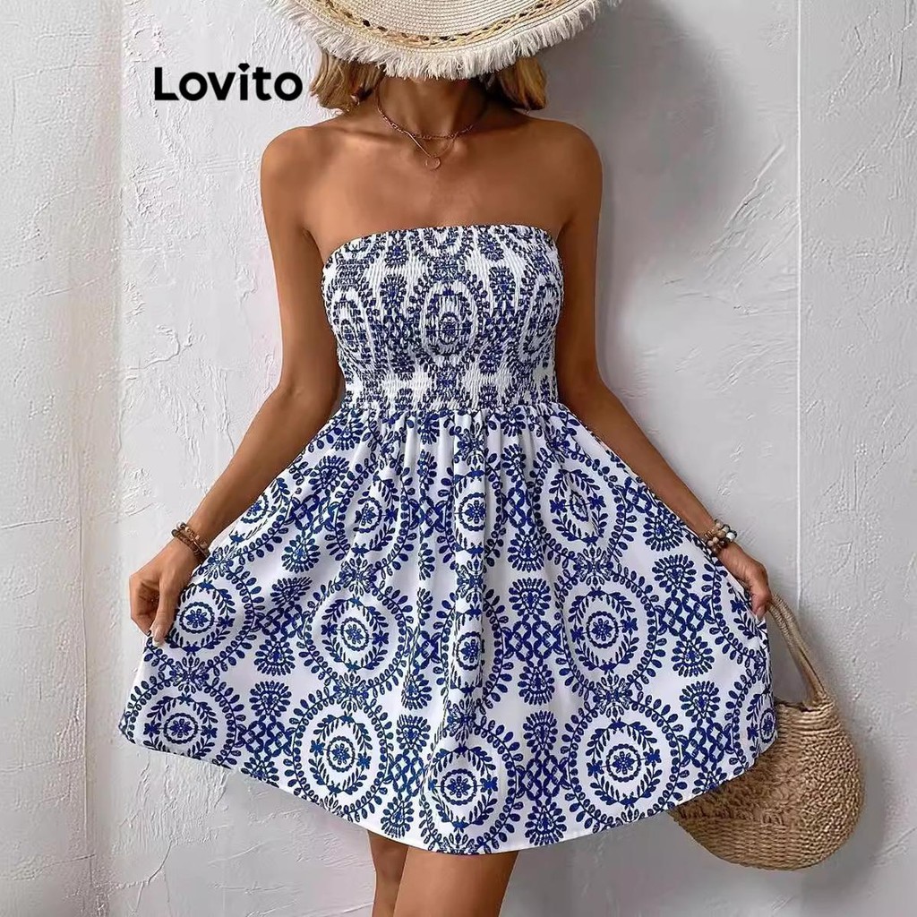 (Trendy) Lovito Vestido Casual Com Estampa Tribal E Vestido Franzido Para Mulheres LNL75266 - Women Clothes