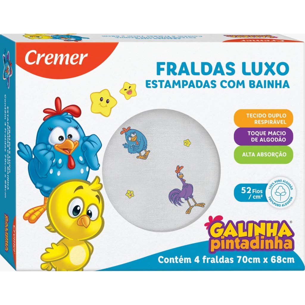 Fralda de Pano Galinha Pintadinha C/ Bainha - Cremer 70x68  (CX 4UN) em Oferta na Shopee