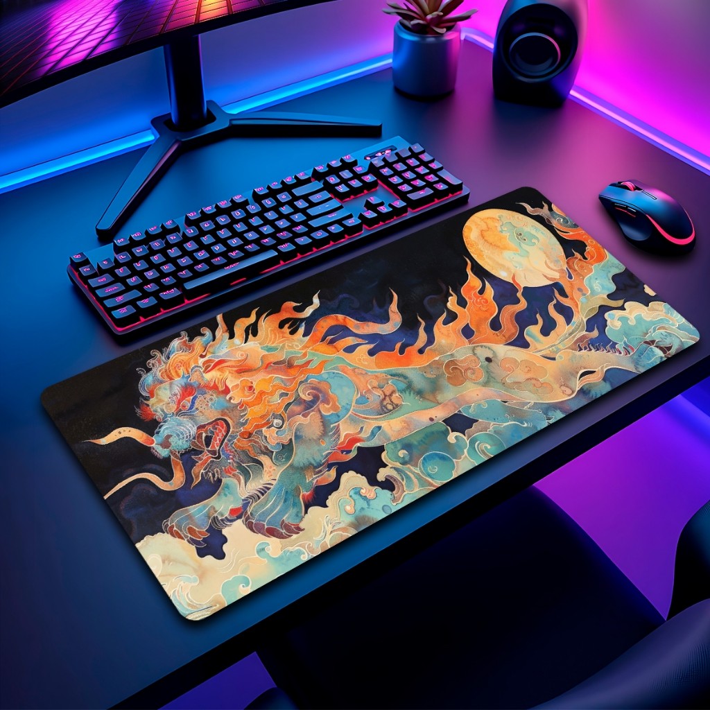 Mouse Pad Dragao Japones Gamer Antiderrapante Grande 70x35cm borda costurada