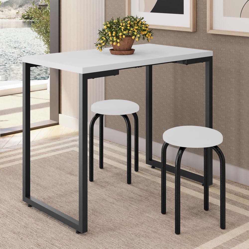 Mesa de Cozinha Bistrô Porto Branco 90cm com 2 Banquetas Industriais Maviê Branco/Preto - Mpozenato