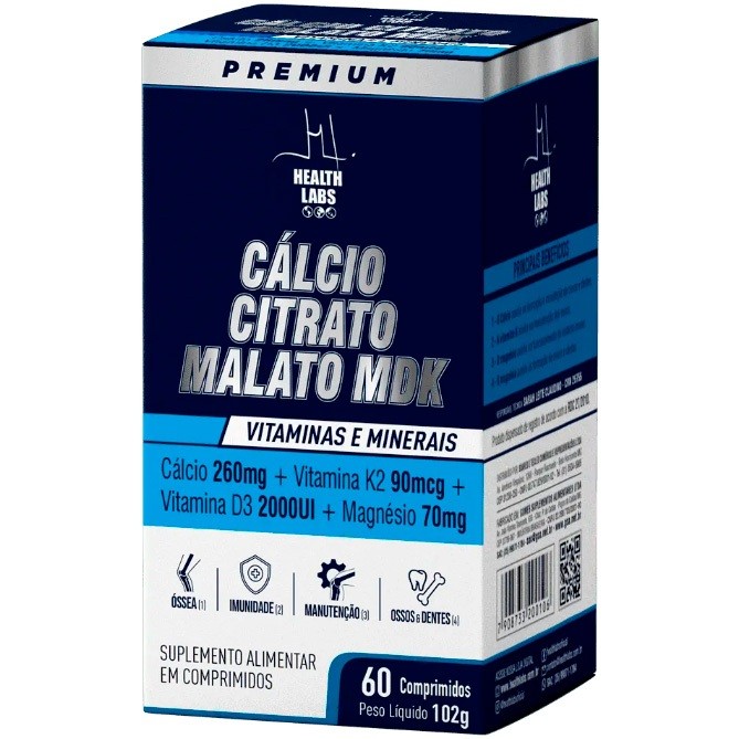 Cálcio Citrato Malato MDK + Magnésio + Vit D + Vit K - Pote 60 Comprimidos - Health Labs