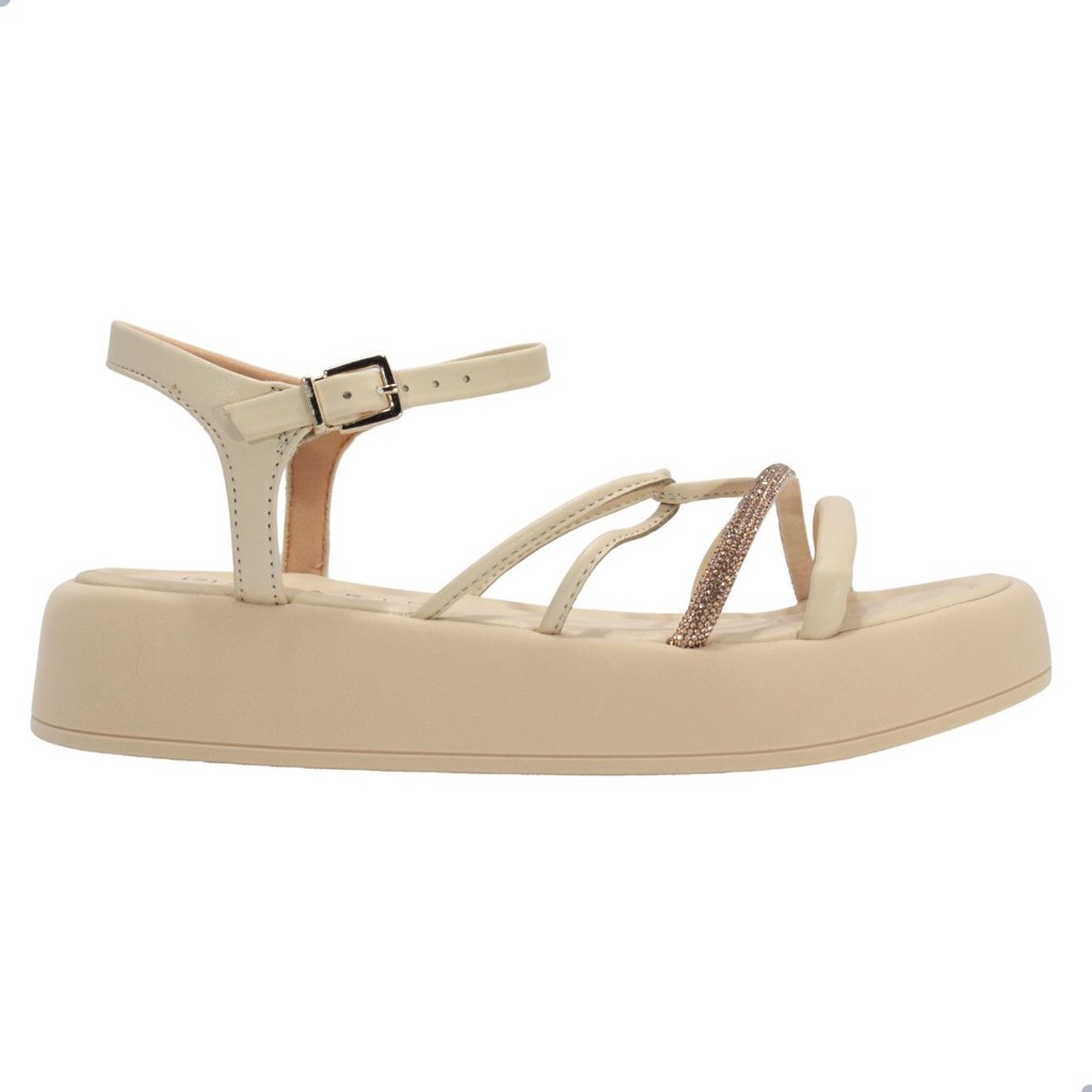 Sandália Ramarim Papete Flatform Creme Strass