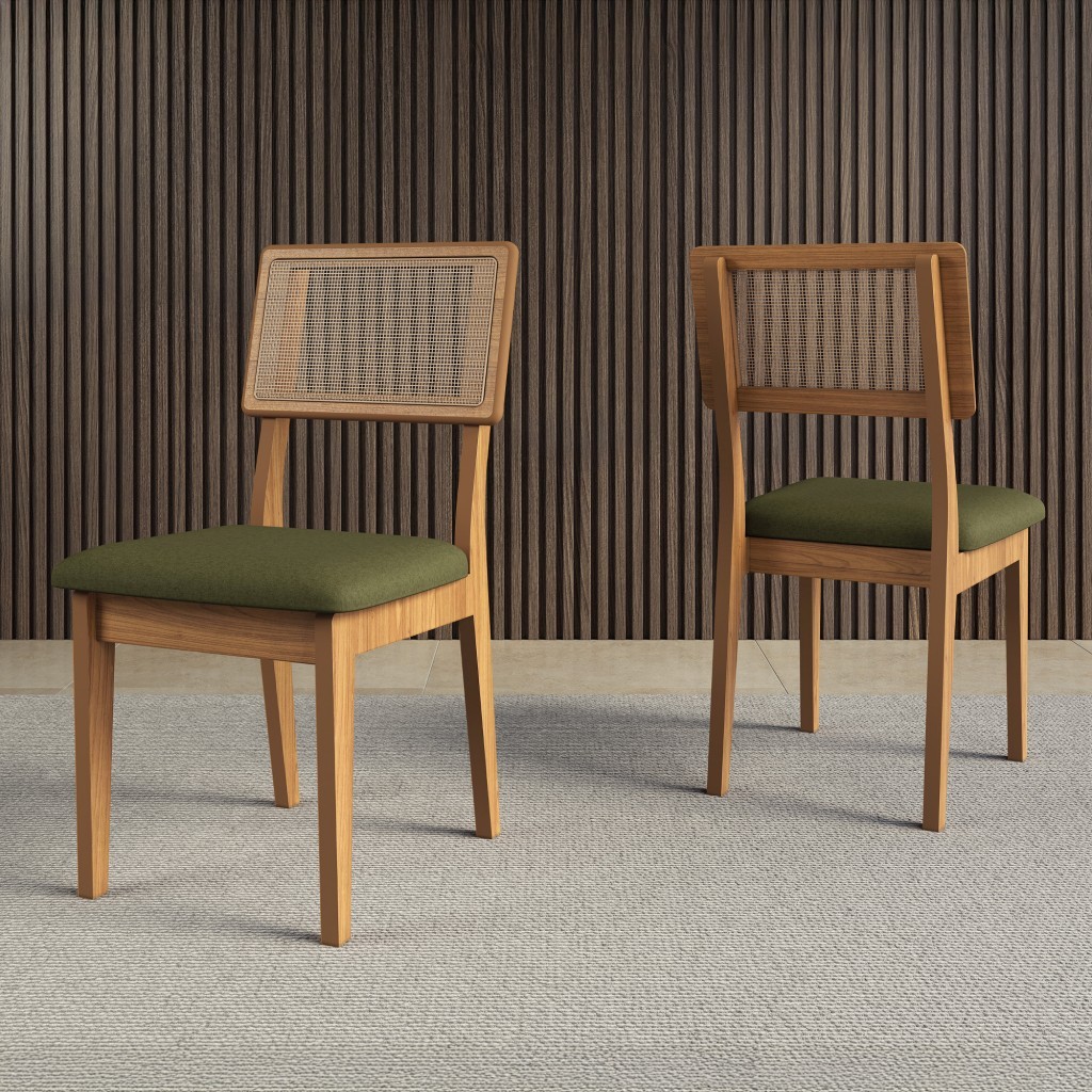 Kit 2 Cadeiras 100% Mdf Estofadas com Encosto em Tela Freijó/Verde J25 - Dalla Costa em Oferta na Shopee