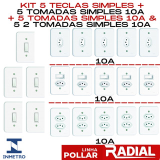 Kit 5 Interruptor, 5 Tomada 10A, 5 Interruptores com Tomada 10A & 2 Tomadas Distanciadas 10A