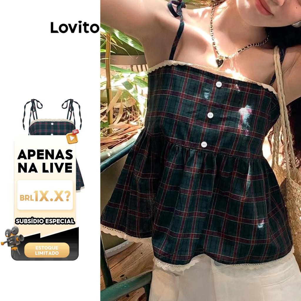 (LIVE STREAM SALE) Lovito Casual Xadrez Babados Pescoço Lace Up Botão Regata para Mulheres L104ED086 em Oferta na Shopee