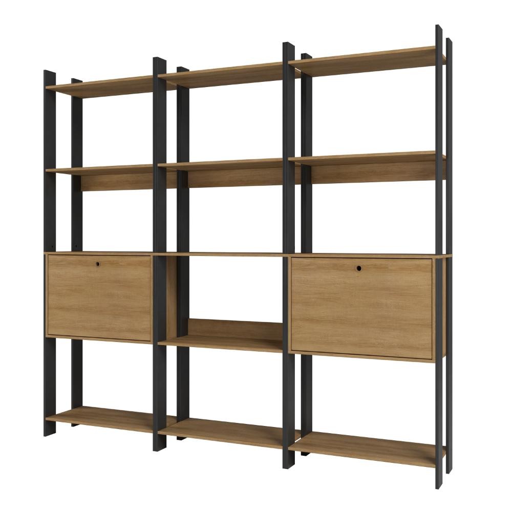 Kit 3 Estantes para Livros 2 Portas 15 Prateleiras Estilo Industrial Lâmina Mel/Preto - BRV Móveis