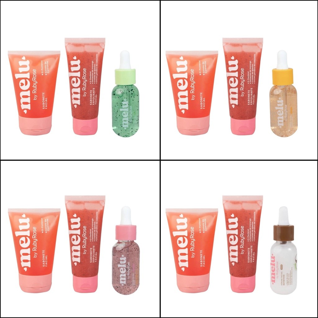 Kit Cuidado Facial Melu by Ruby Rose 3 itens Sabonete, Sabonete Esfoliante e Sérum