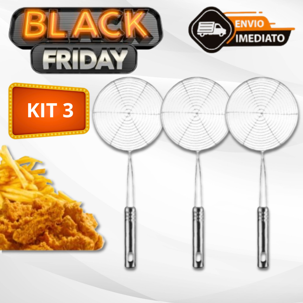 Kit 3 Escumadeira Para Fritura em Aço Inox De Pastel Batata Salgado Peneira Resistente Para Cozinha Envio Imediato