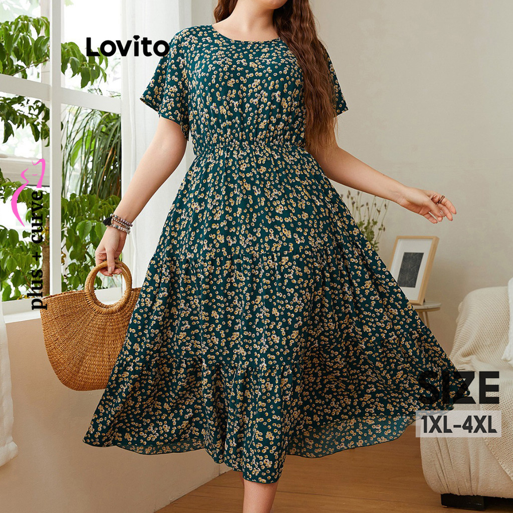Lovito Vestido Casual Curva Plus Size Ditsy Estampa Floral Vestido De Verão/Primavera Para Mulheres LNM72026 - Women Clothes