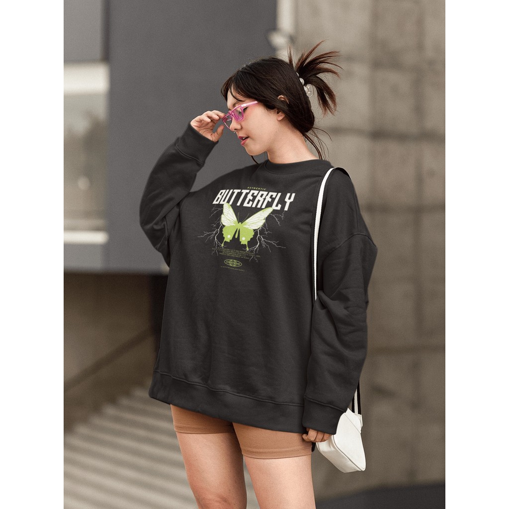 Moletom Blusa de Frio Básico Estiloso Feminino Estampado Gola Redonda Confortável 100% Algodão - Butterfly