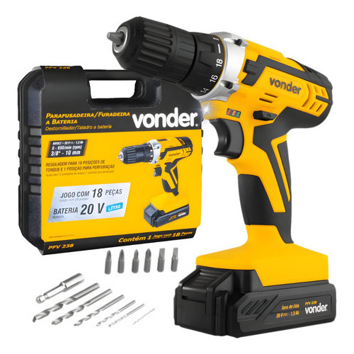 Parafusadeira E Furadeira Potente Bateria 20v Vonder Pfv 238 Bivolt Maleta + Acessórios - Home & Living
