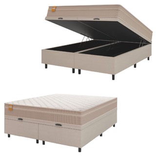 Cama Box Baú Casal Queen Colchão Molas Qatar 158x198x63cm Bege/Branco Inducol - Suporta Até 200 Kg Pessoa em Oferta na Shopee