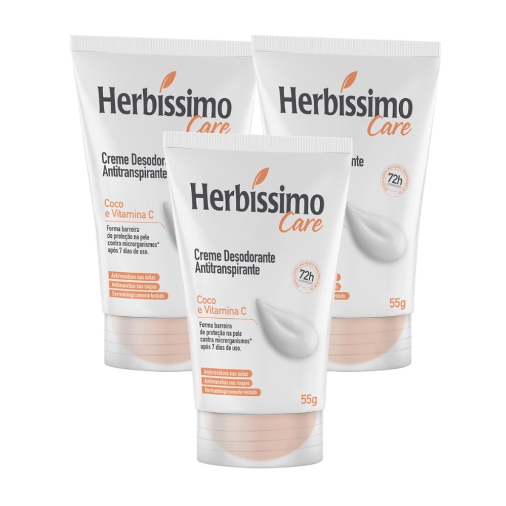 Kit Creme Desodorante Antitranspirante Herbíssimo Care Coco E Vitamina C 55g (3 unidades)